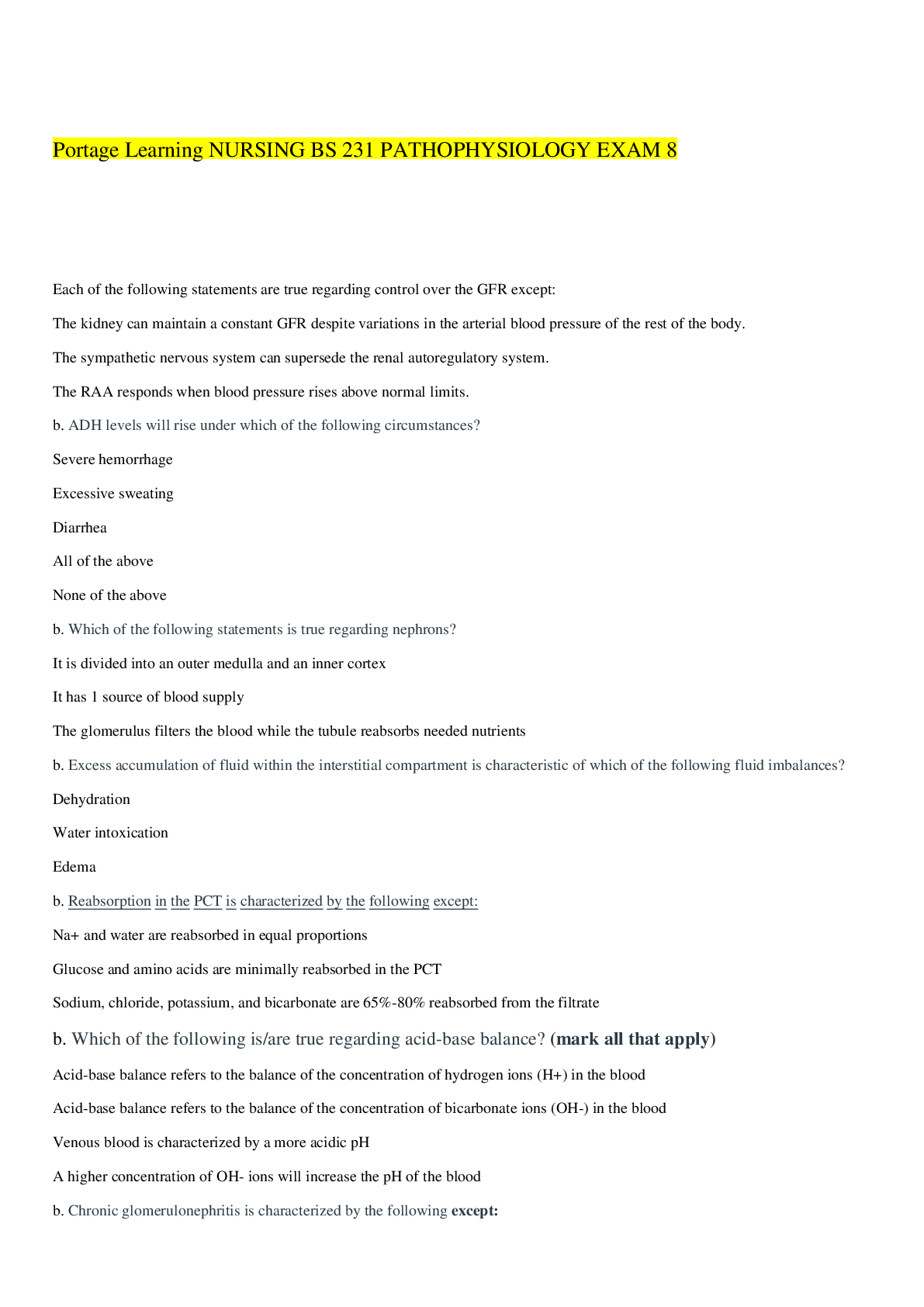 Preview image for Portage Learning NURSING BS 231 PATHOPHYSIOLOGY EXAM 8